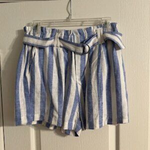 Love Tree Women's Linen Blend Paper Bag Blue & White Striped Shorts NWT Large